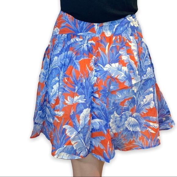 J. Crew Women's Sz. 2 Orange Blue Floral 100% Cotton Mini Skirt Yoke Waist Boho - Picture 5 of 11